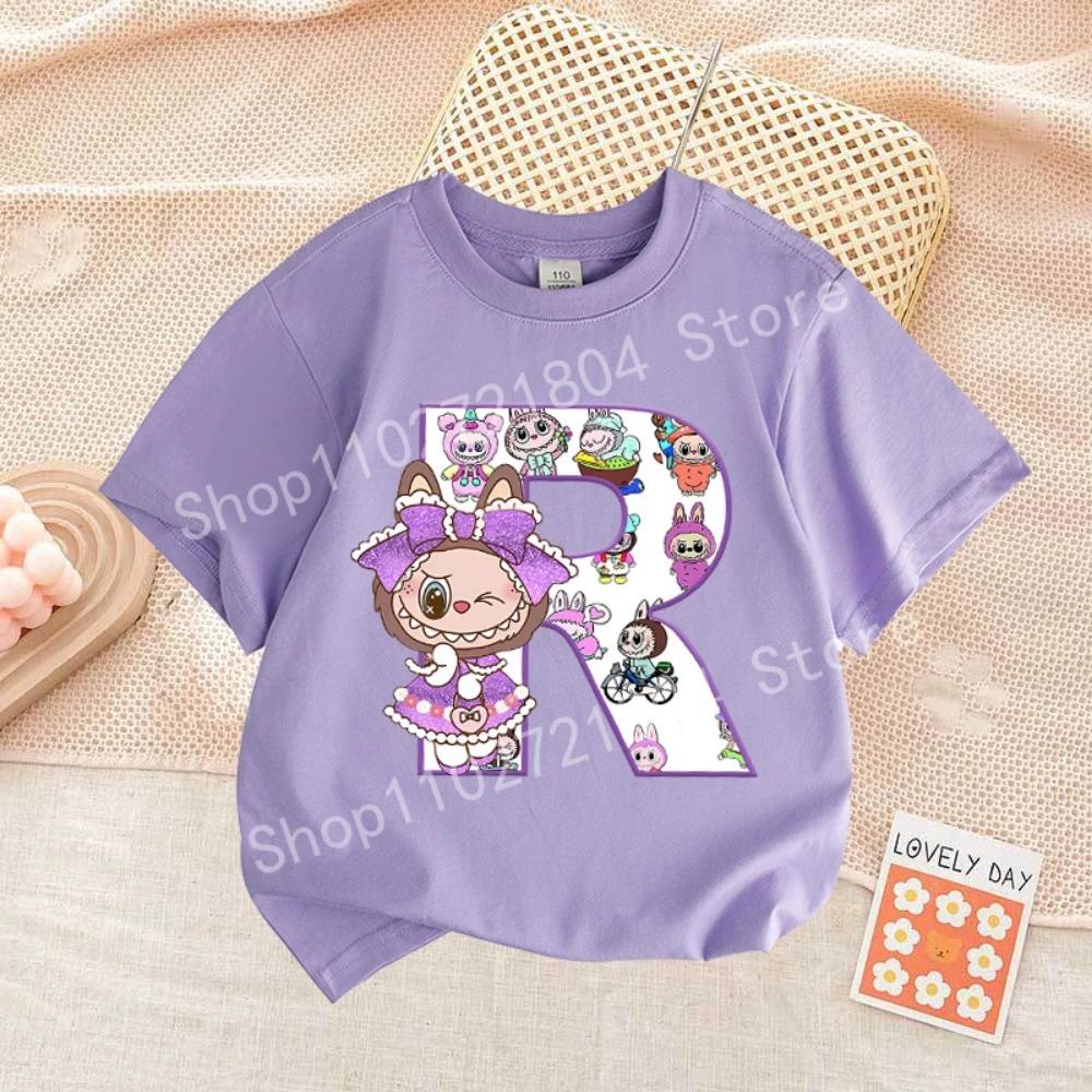 

Милая футболка с принтом букв Labubued, хлопок, лето, уличная одежда, короткий рукав, одежда для девочек, топ, мультяшная детская одежда, для малышей 150