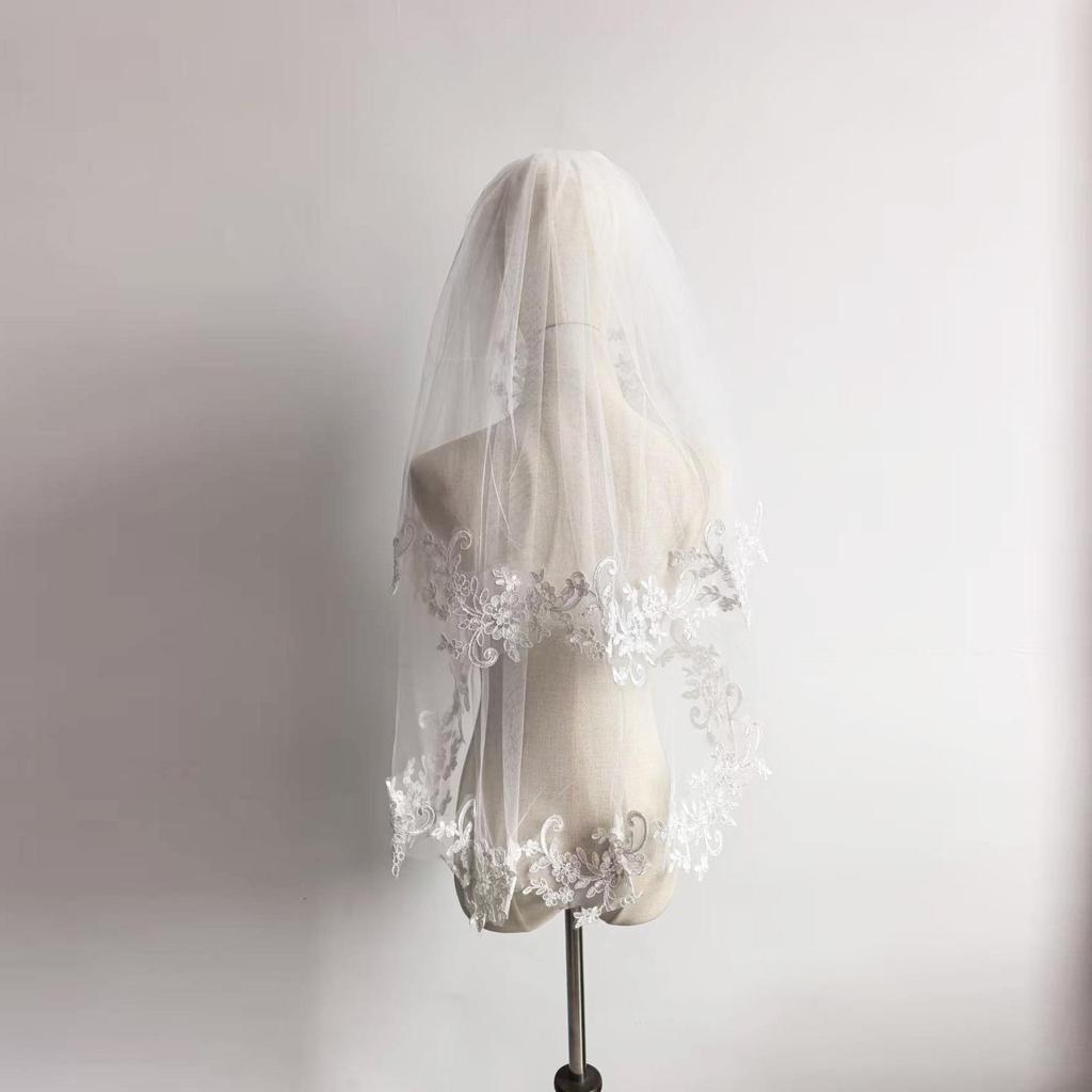 European & American Short Bridal Veil with Lace, Rhinestones & Comb