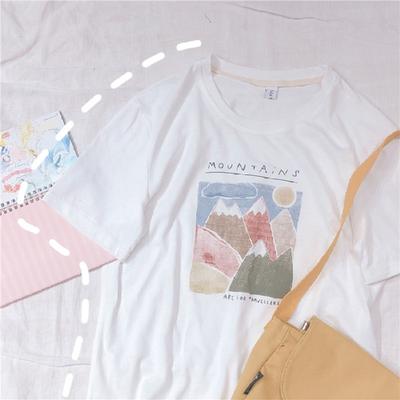 Camiseta de Manga Curta de Desenho Animado Desenhada à Mão para Roupas de Verão Femininas Nova Roupa Estudantil Feminina Solta Tops para Mulheres