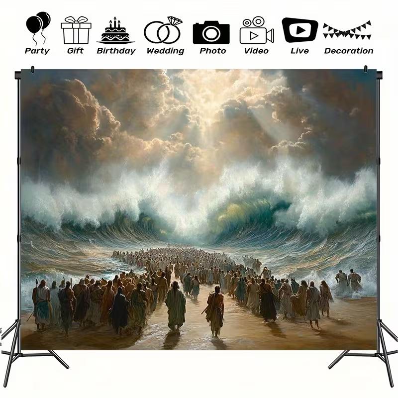 2D Biblical Moses & Red Sea Backdrop, Christian Miracle Scene for Church & Party Decoration 47.2x31.5inch/120*80cm