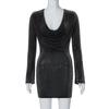 Abito da Donna Monocolore con Scollo a U Sovrapposto, Senso del Design, Temperamento, Slim, Maniche Lunghe