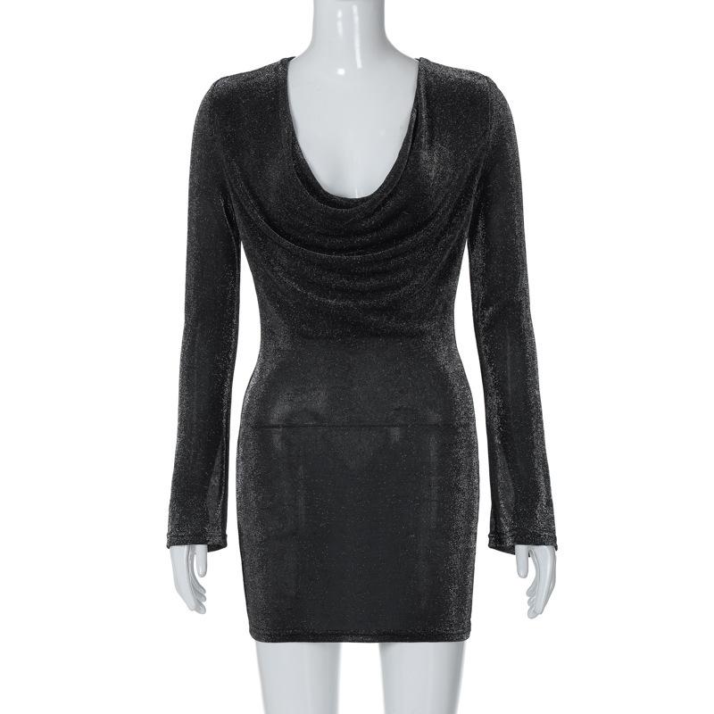Abito da Donna Monocolore con Scollo a U Sovrapposto, Senso del Design, Temperamento, Slim, Maniche Lunghe
