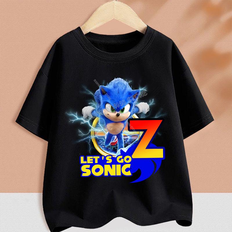 Sonics T-shirt for Children Cartoon A-Z Letter Tee Top Round Collar Clothing Summer Short Sleeve Kids Anime Partern Clothes Gift