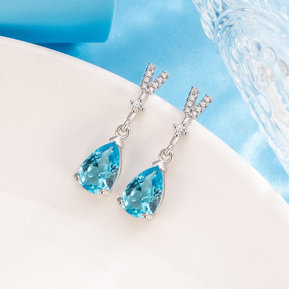 Elegant Female Blue Zircon Charm Silver Color Water Drop Letter V Stud Earrings For Women Vintage Wedding Jewelry