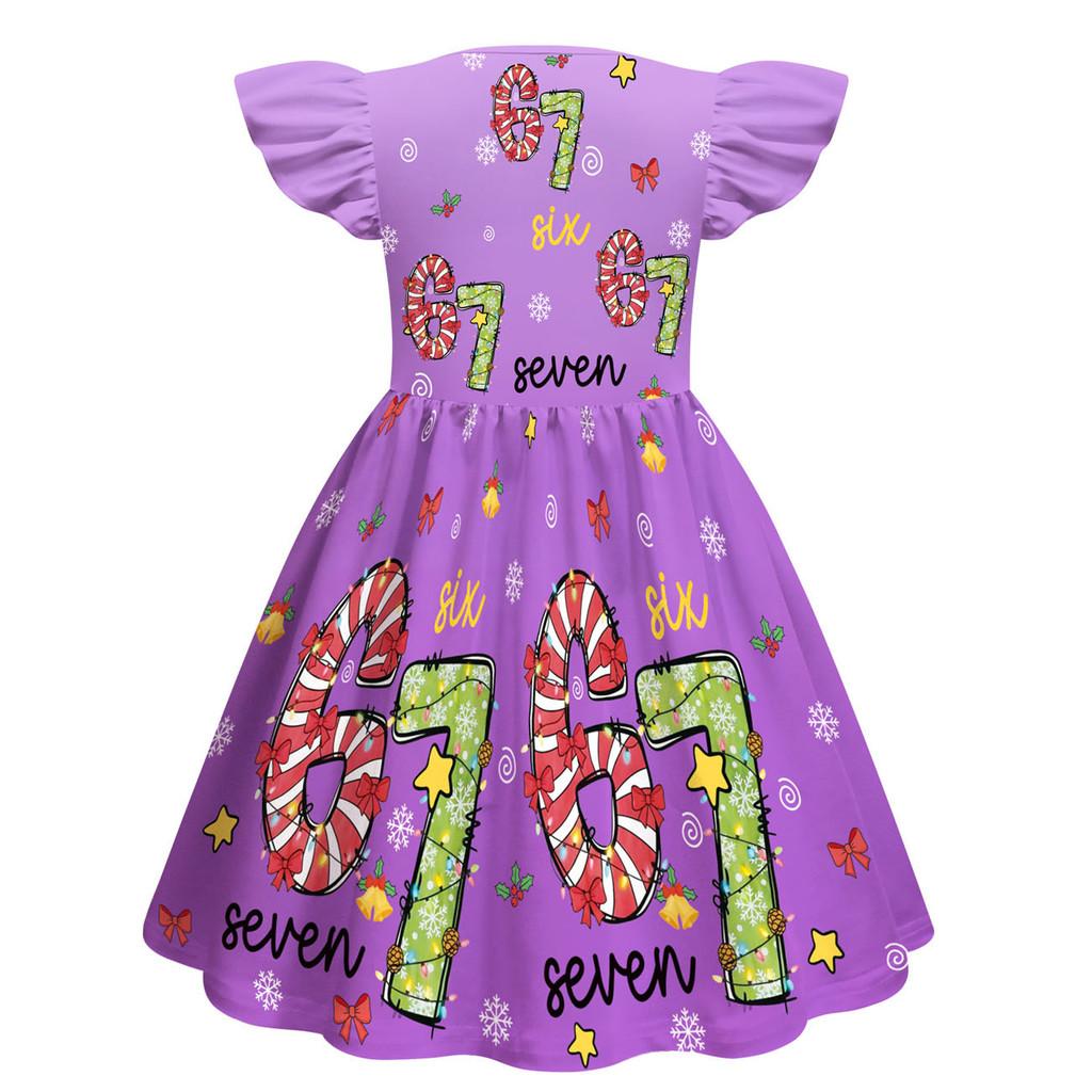 82836 Kinder Mädchen Weihnachten Steal a Brainrot 67 Six Seven Print Rüschen Ärmellos Prinzessinnenkleid