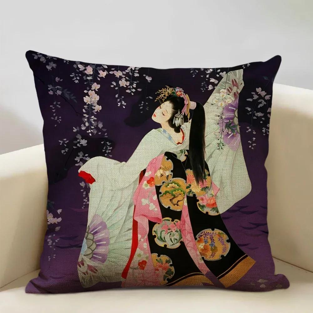 Classic Japanese Lady Decorative Cushion Cover Living Room Sofa Pillow Case 45x45cm Linen Pillowcase Home Art Decor