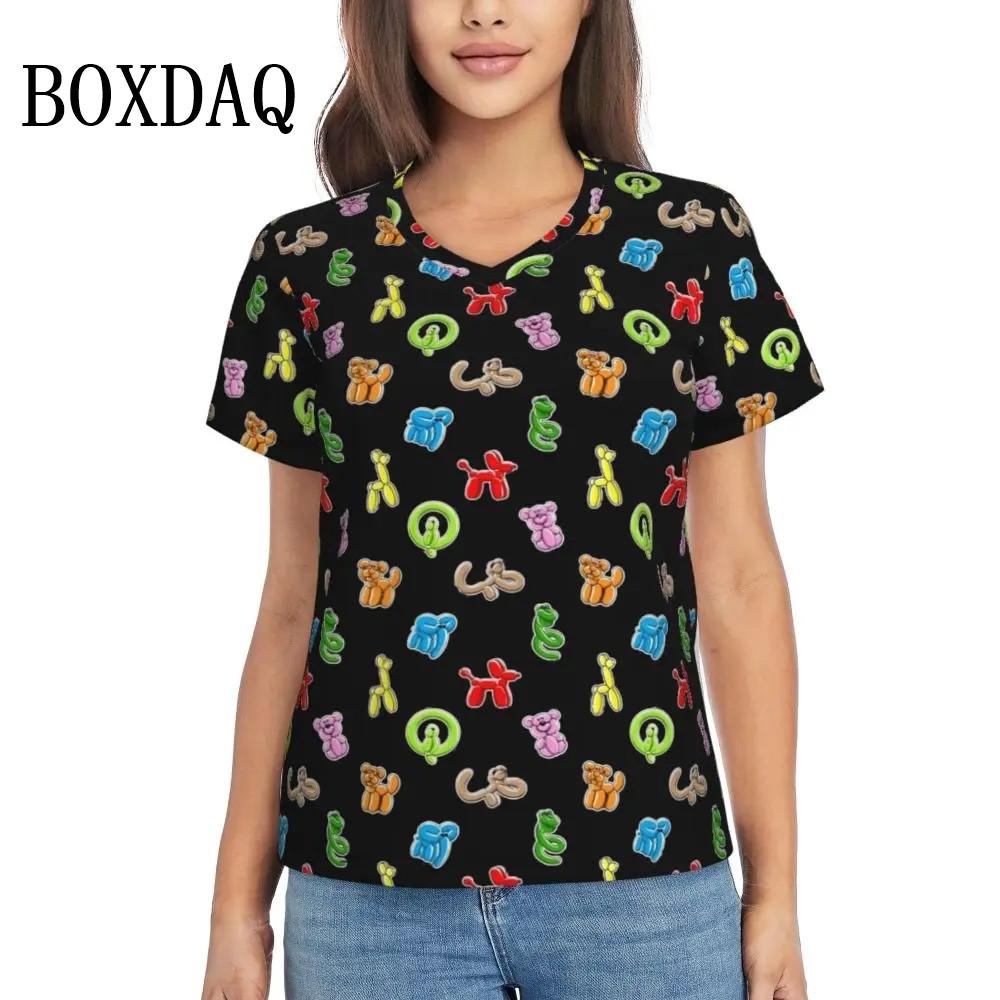 Rainbow Balloon Dogs Print T Shirt Female Summer V-Neck T Shirts Short Sleeve Street Fashion Shirt Women Cute Graphic Kawaii Top