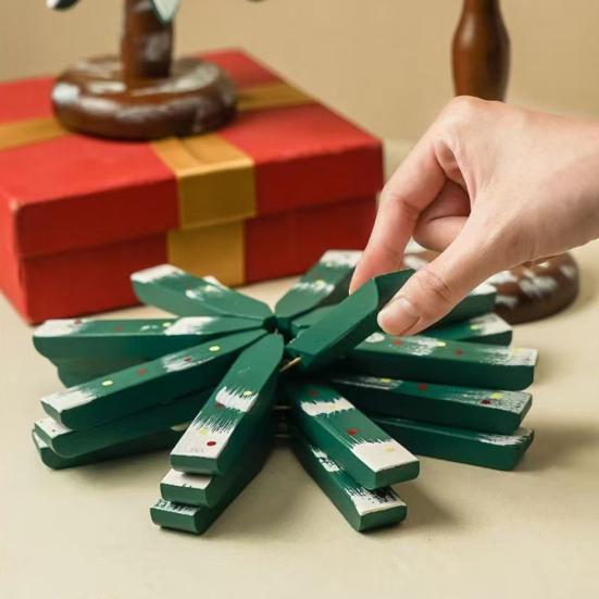 Christmas Tree Trivet for Hot Dishes Solid Wood Heat Resistant Pot Holder Folding Festive Table