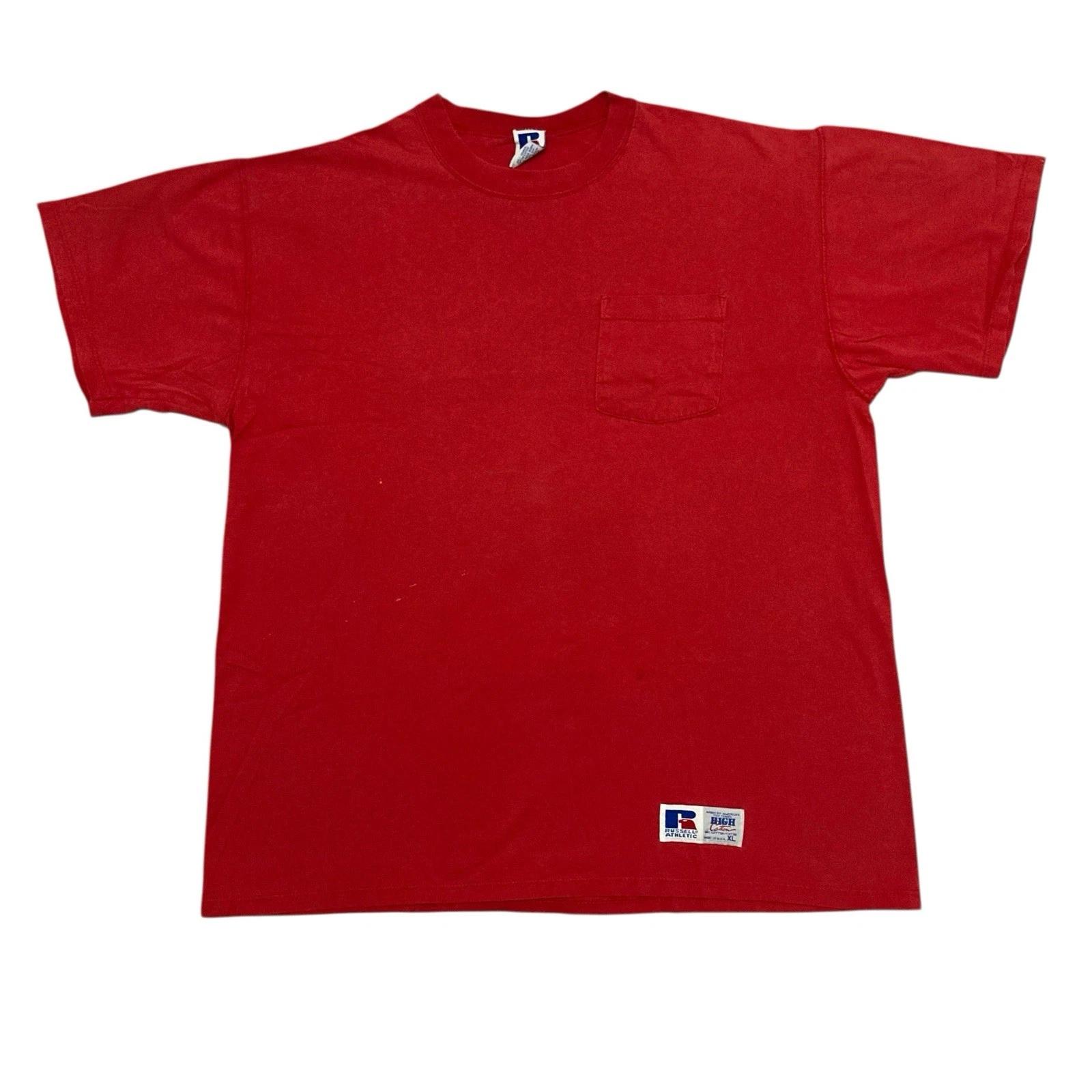 VTG Russell Athletic High Cotton Blank Pocket T-shirt XL Red Distressed Made USA M