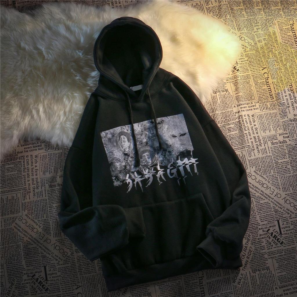 European American Style Autumn/Winter Student Loose Fit Plus Velvet Hoodie for Women
