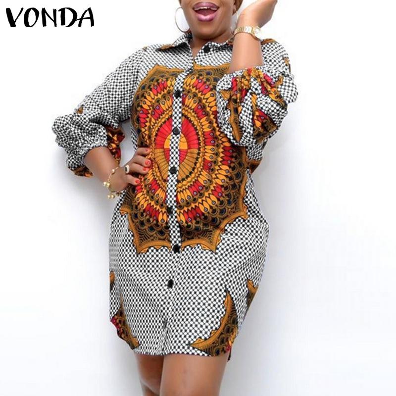 

VONDA Этническое женское осеннее платье-рубашка на пуговицах с длинными рукавами и принтом