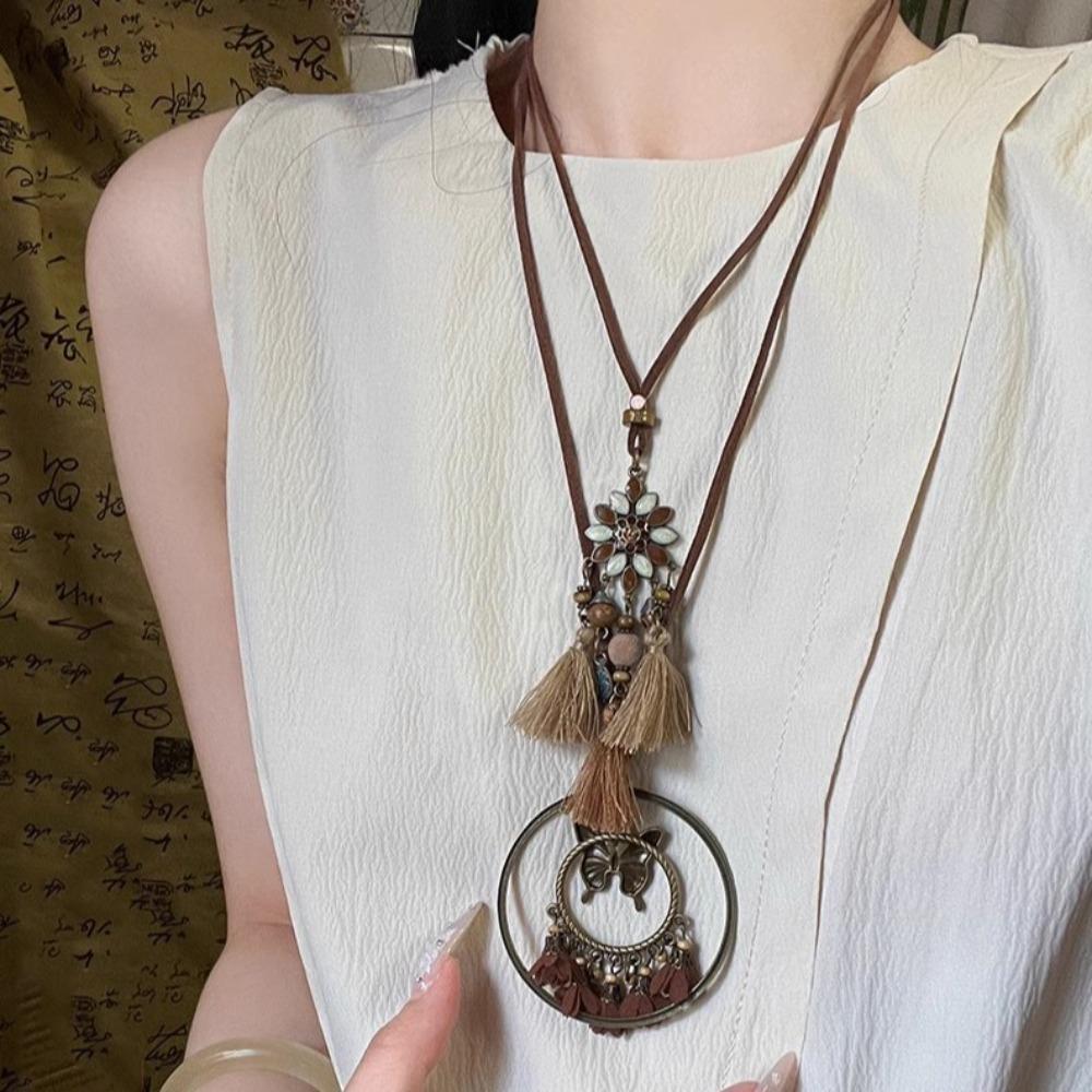 Flower Long Sweater Chain Wood Bohemian Style Necklace Temperament Ethnic Style Necklace  Party