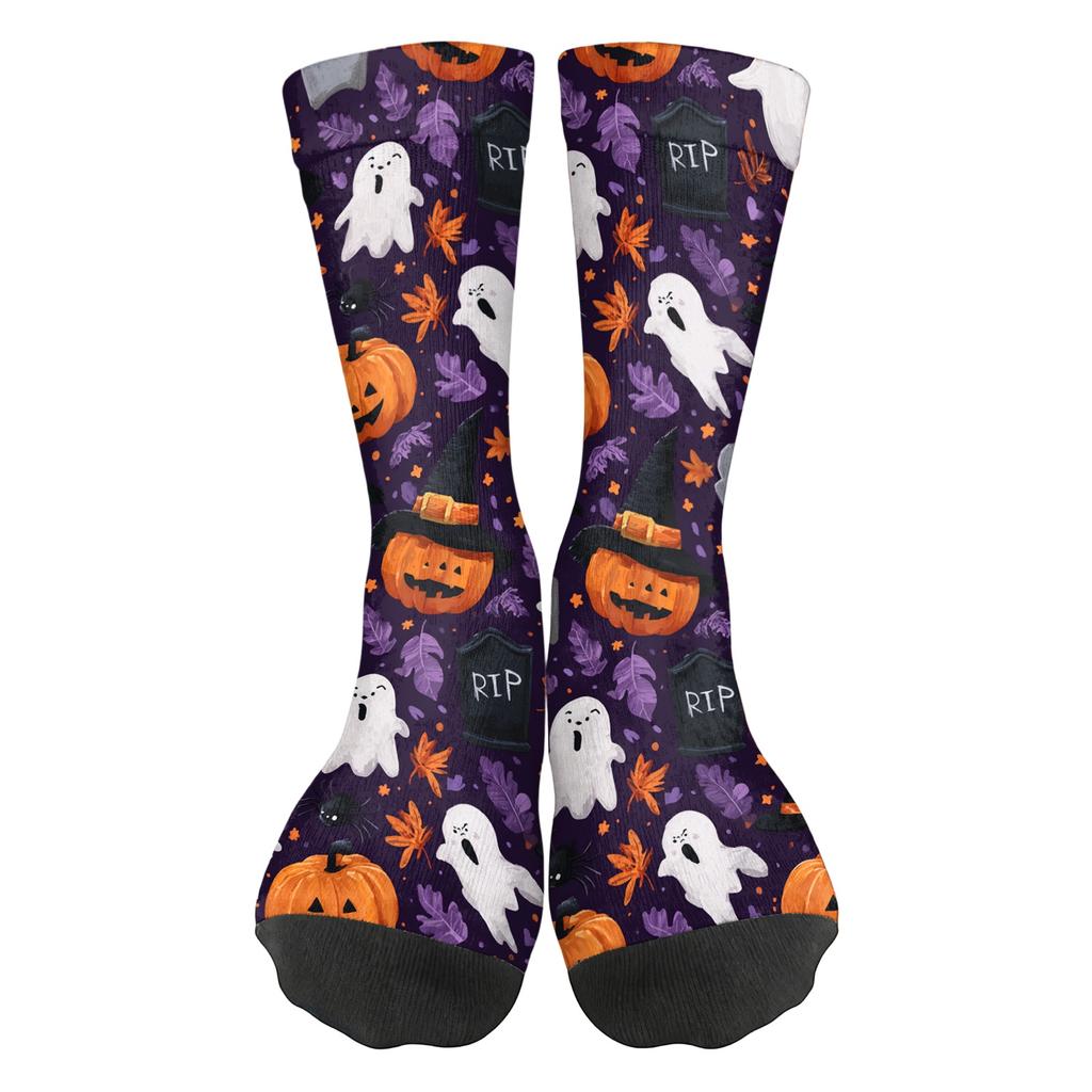Breathable Comfortable Mid-Calf Socks with Halloween Pattern Unisex Elastic Ankle Support Socks Suitable for Daily Wear and Seasonal Use