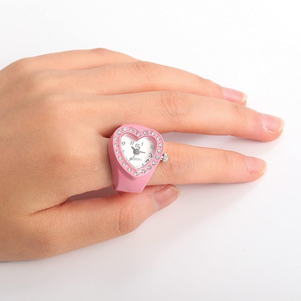 Lancardo Heart Watch Ring Adjustable Analog Ring Watch for Women Waterproof Daily Use Pink