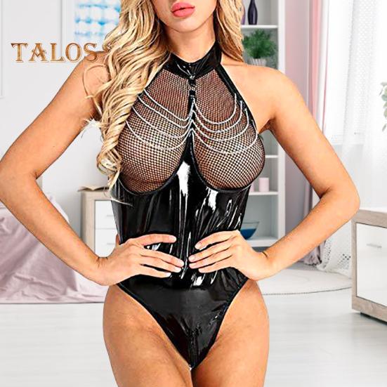 Women Honeymoon Bodysuit Fishnet Faux Leather Patchwork Off Shoulder Bodycon Chain Decor Open Crotch Playsuit Nightclub Hotel Wedding Night Sex