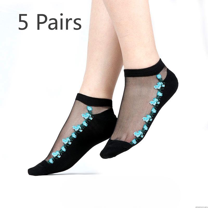 5 Pairs of Women's Summer Embroidered Non Slip Cotton Bottom Glass Silk Socks