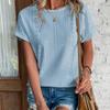 Women's Light Blue Eyelet Embroidery Short Sleeve T-Shirt Round Neck Loose Fit Breathable Casual Daily Blouse