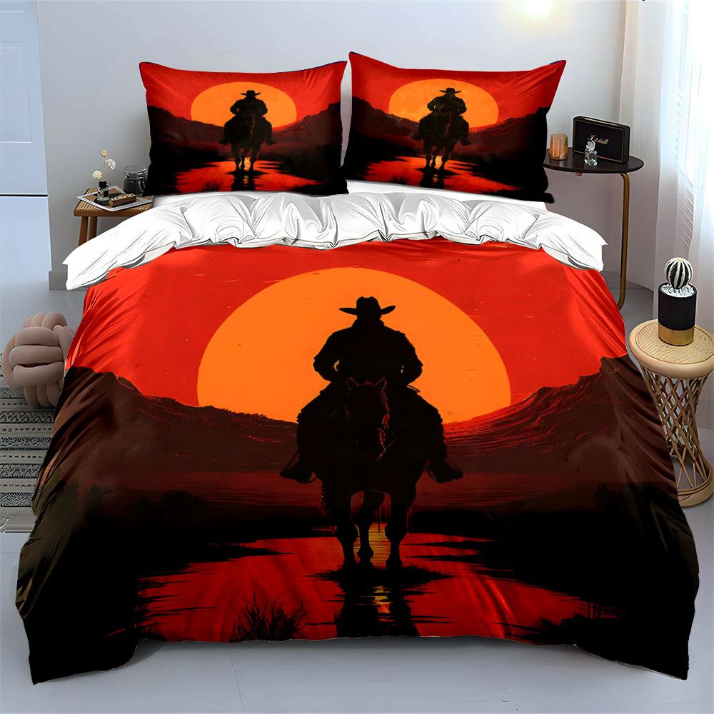 Sunset Cowboy Silhouette Print Bedding Set For Kids Luxury Gift 3Pcs Digital Print Comforter Set Soft Comfortable Breathable