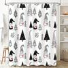 Modern Nordic Christmas-Themed Bathroom Shower Curtain Featuring Black And White Woodland Gnomes With Red Hearts For A Festive T