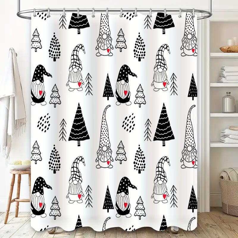Modern Nordic Christmas-Themed Bathroom Shower Curtain Featuring Black And White Woodland Gnomes With Red Hearts For A Festive T