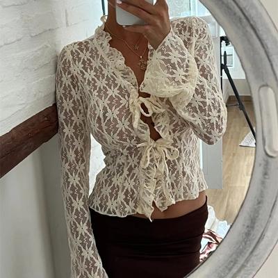 Elegant Women Summer Lace Floral Tops Flare Long Sleeve Tie Front Sheer Slim Crop Cardigan Clubwear