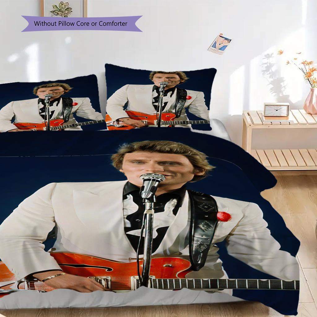 Johnny Hallyday Gitarrenperformance Bettwäsche, Bettbezug, Kissenbezug, Heimdekoration, Geburtstagsgeschenk (1 * Bettbezug+2 * Kissenbezug, ohne Füllung)