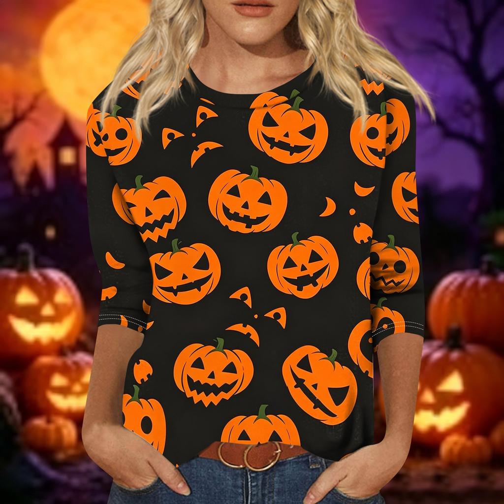 Women's Casual Halloween Print Top Three Quarter Sleeve Crew Neck Shirt Lightweight Comfortable Fit Seasonal Design