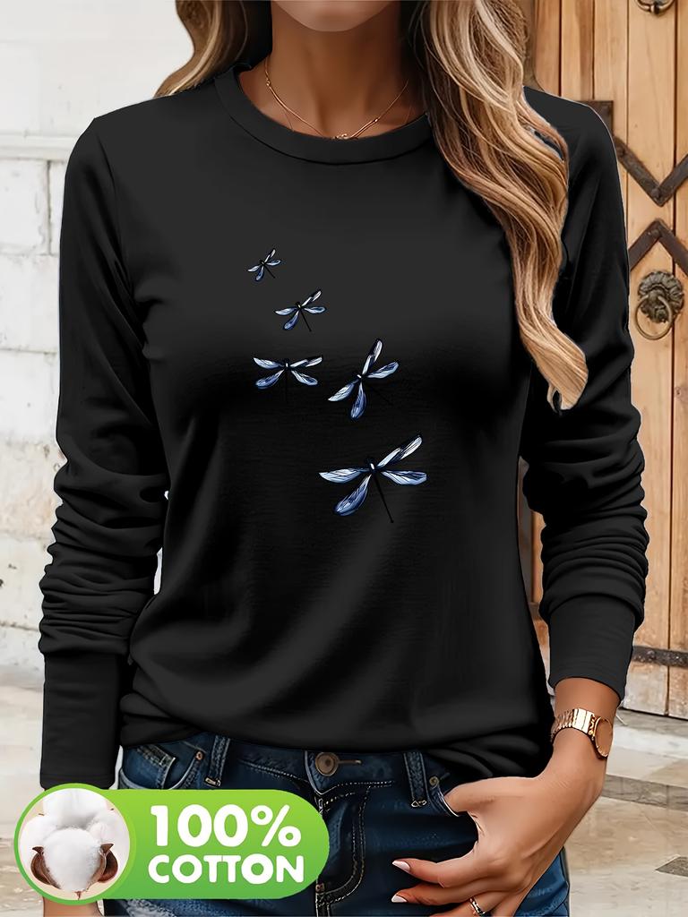 100% Cotton Long Sleeve Dragonfly Women T-shirt Casual Everyday Chic Pullover All-SeasonTop for Fall Winter Autumn