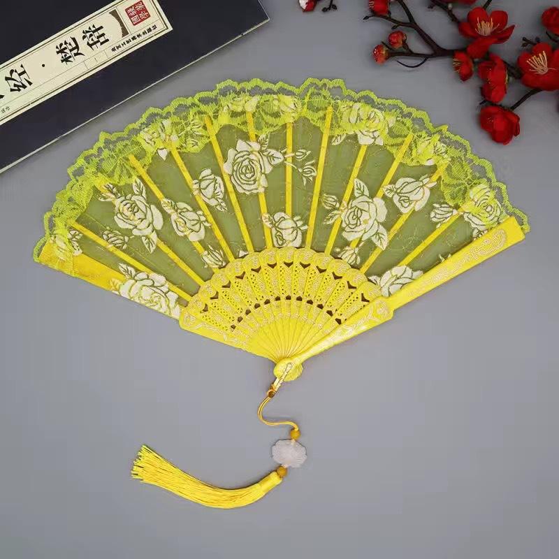 1Pc Chinese Ancient Style Flower Women Folding Fan with Tassel Fringe Hanfu Cheongsam Dance Fan Photo Props Summer Handheld Fan