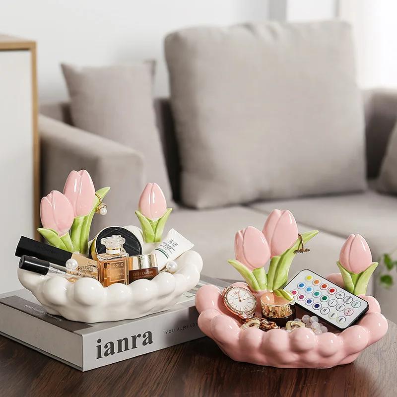 Ceramic Tulip Ornaments Creative Chinese Ornaments Living Room Home Tray Ceramic Tulip Dressing Table Storage Box