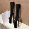 26CM Super High Women Knee-high Boots Lace Up Zipper Thin High Heeled Shoes Nightclub Pole Dance Round Toe Long Boots