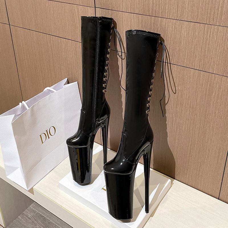 26CM Super High Women Knee-high Boots Lace Up Zipper Thin High Heeled Shoes Nightclub Pole Dance Round Toe Long Boots
