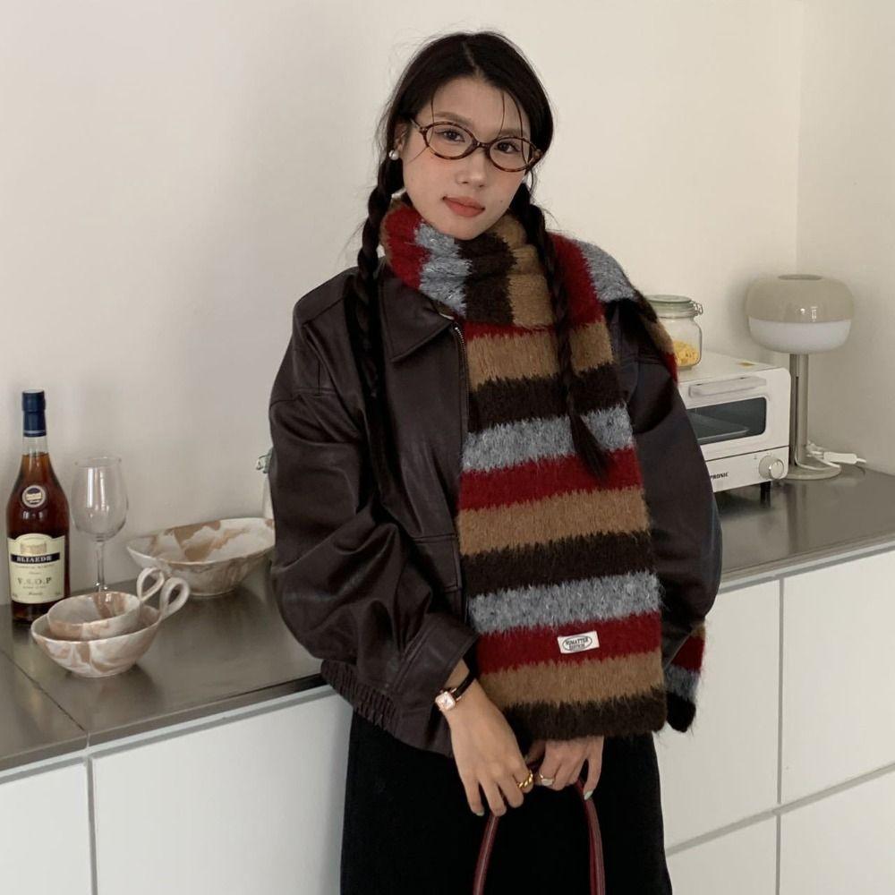 Plush Plaid Wool Scarf Preppy Style Winter Cashmere Scarves Elegant Stripe Scarf  Student