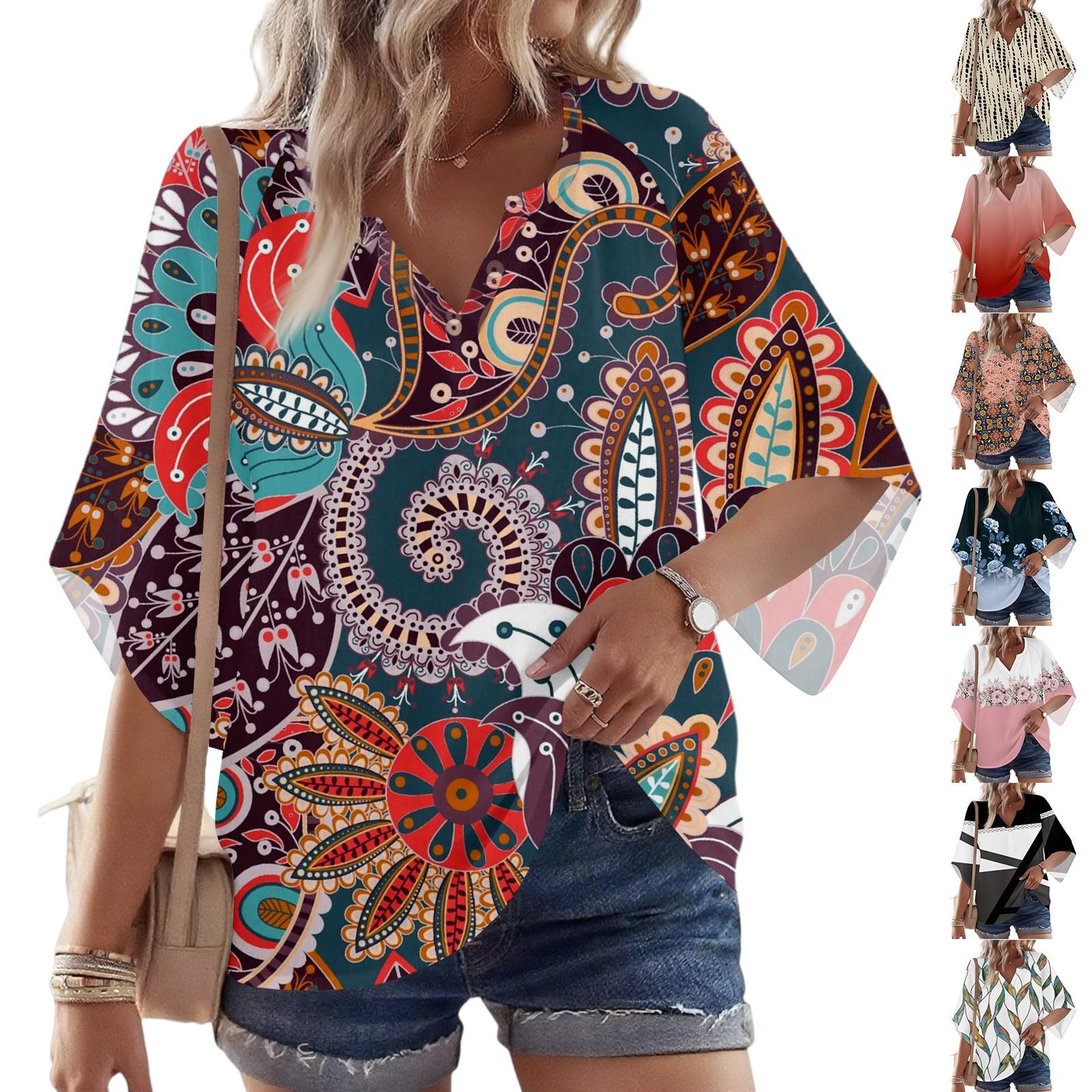 

Women s 3/4 Sleeve V Floral Shirt Casual Loose Tunic Top XL кавун червоний колір