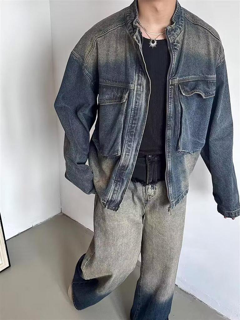 Nostalgic Blue Retro Denim Jacket - Men's Loose Fit with Large Pockets and Stand Collar for Spring & Autumn