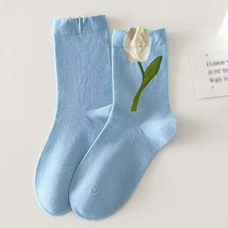 

1/5 пар носков Универсальные носки средней длины Удобный цветочный дизайн Милый 3D-узор Милая форма тюльпана Дышащие Один размер 1pair синий