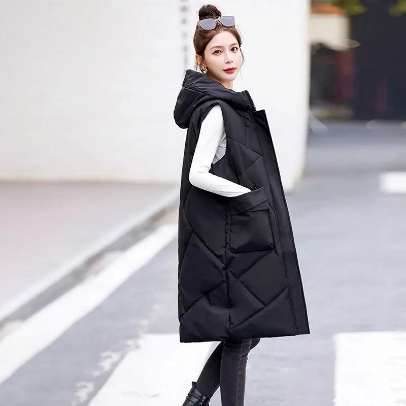 Kvinner høst og vinter koreansk temperament dunvest i bomull i lang seksjon Ermeløs varm jakke