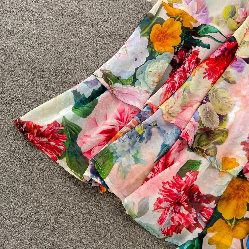 New 2024 Summer Gorgeous Flower Print Chiffon Holiday Long Dress Boho Women's Sexy Deep V Neck Sleeveless Ruffles Buttons Robe