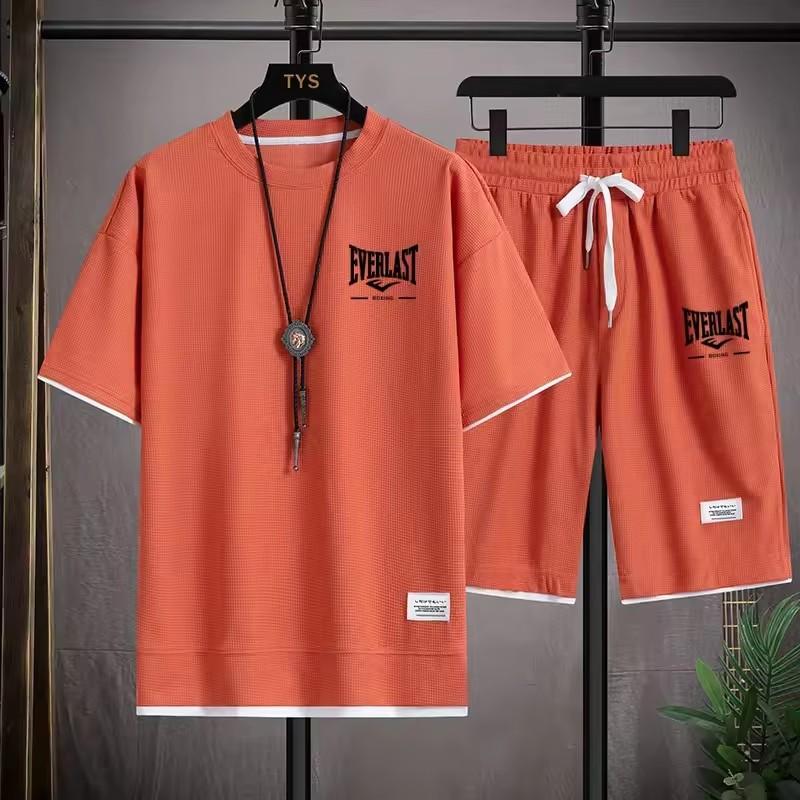 Summer Men's New Comfortable and Breathable Round Neck T-shirt Shorts Letter Gradient Set Outdoor Casual Two-piece Set