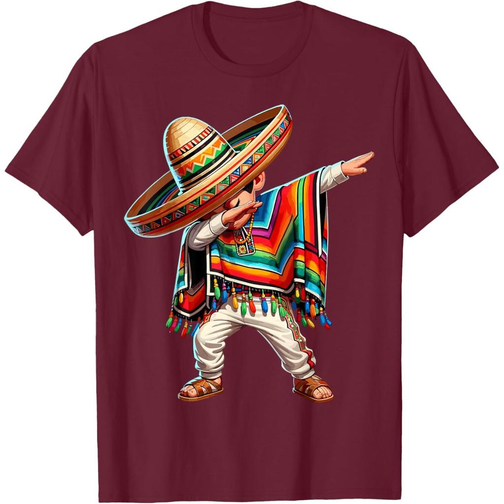 Mexican Boy Dabbing Poncho Sombrero Graphic Tee Cinco de Mayo Casual Cotton T-Shirt