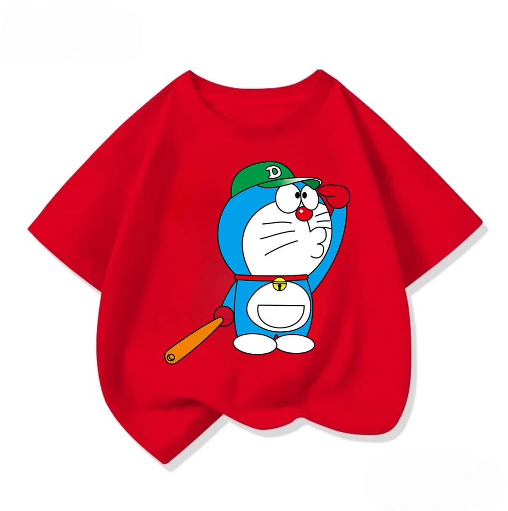 Cute Children's Short-Sleeve T-Shirt, Cute Doraemon Crew Neck, Everyday Casual Summer Kids' Clothing