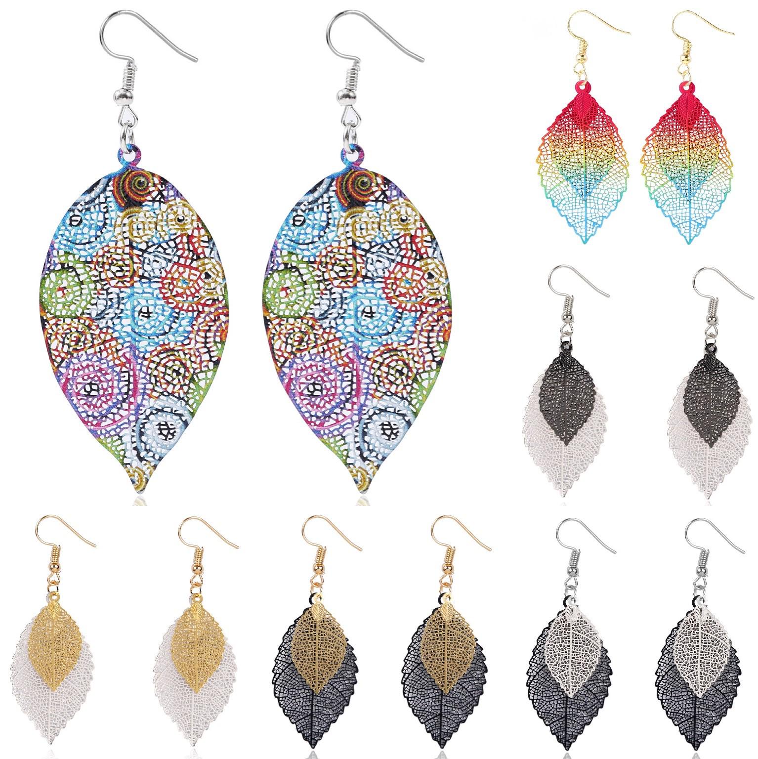 

Gold Double-Layer Hollow Leaf Earrings – Simple, Retro, European & American Style