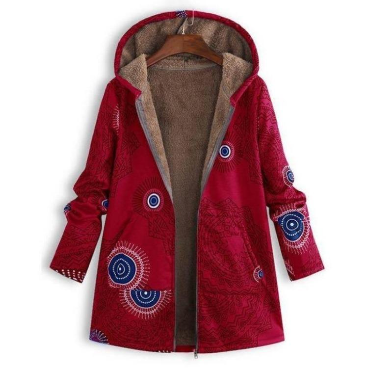 Women Winter Fleece Jacket Vintage Floral Hooded Coat Casual Warm Zipper Outwear Long Sleeve with Pockets