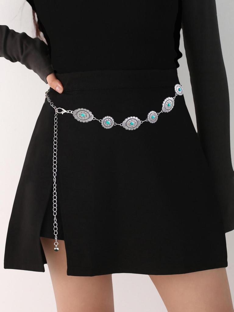 Vintage Turquoise Carved Belt Chain: Fashionable Metal Waist Accessory for Dresses