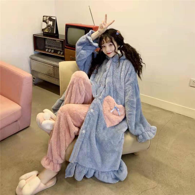 

Kawaii халат комплекты женские простые зимние шикарные милые халаты с капюшоном женские карманы мягкая фланелевая уютная толстая новейшая домашняя одежда 2 грудных клетки S