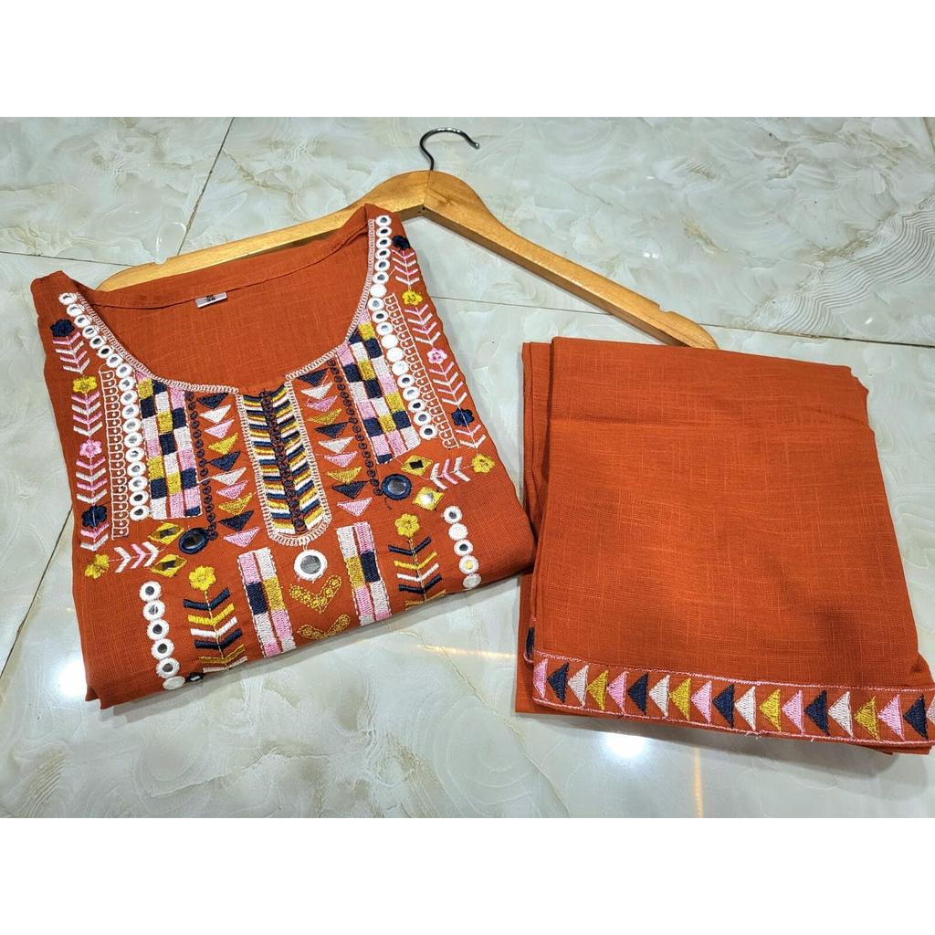 Women Bollywood Slub Cotton Kurta Pant Set Indian Party Wear Top Tunic Kurti VSO-1730 c