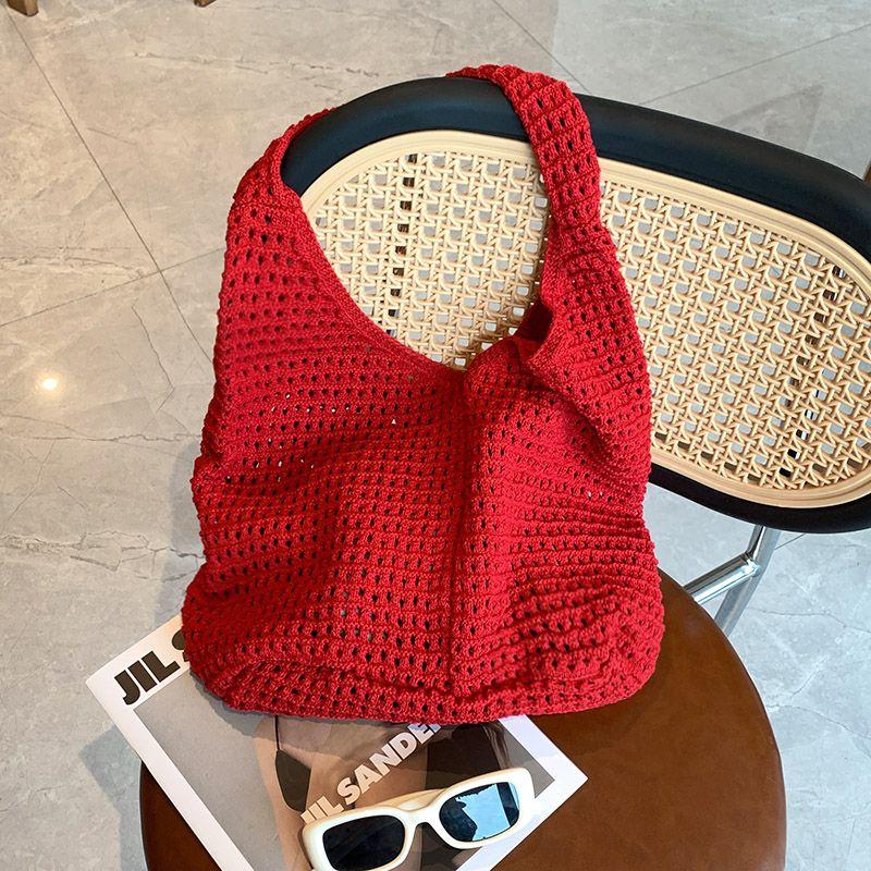 

Корейская серия Красная плетеная сумка с прорезями Женская сумка через плечо большой вместимости в праздничном стиле, портативная сумка-тоут для поездок на работу Red