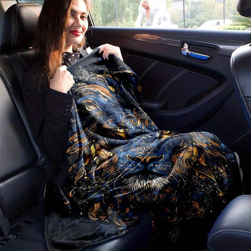1pc Blue and Gold Ornate Lion Portrait Blanket  Soft and Cozy for All Seasons, Living Room, Travel, Camping, Car Blankets