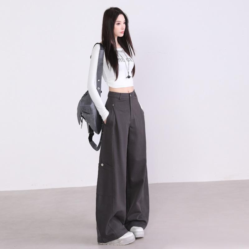 2025 Autumn Women's Spliced Wide-Leg Cargo Pants with Large Pockets