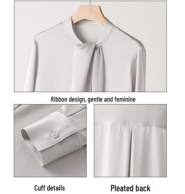 2025 Spring Women's Long Sleeve Mulberry Silk Shirt with Ribbon - Commuter Style, Slim Fit, Solid Color